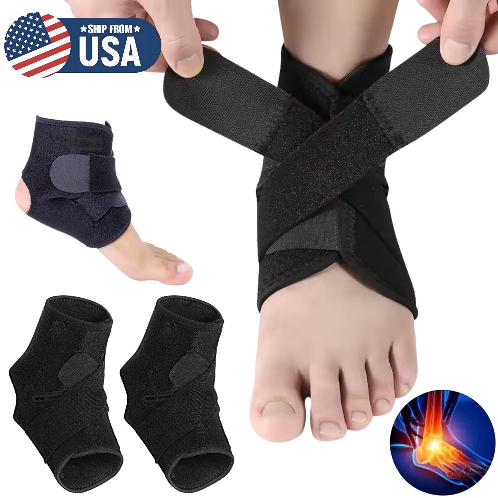 2× Adjustable Strap Sports Ankle Brace Breathable Compression Wrap Ankle Support