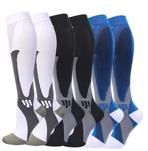 6 Pairs Compression Socks for Men Women 20-30mmhg 4X-Large White Blue Black