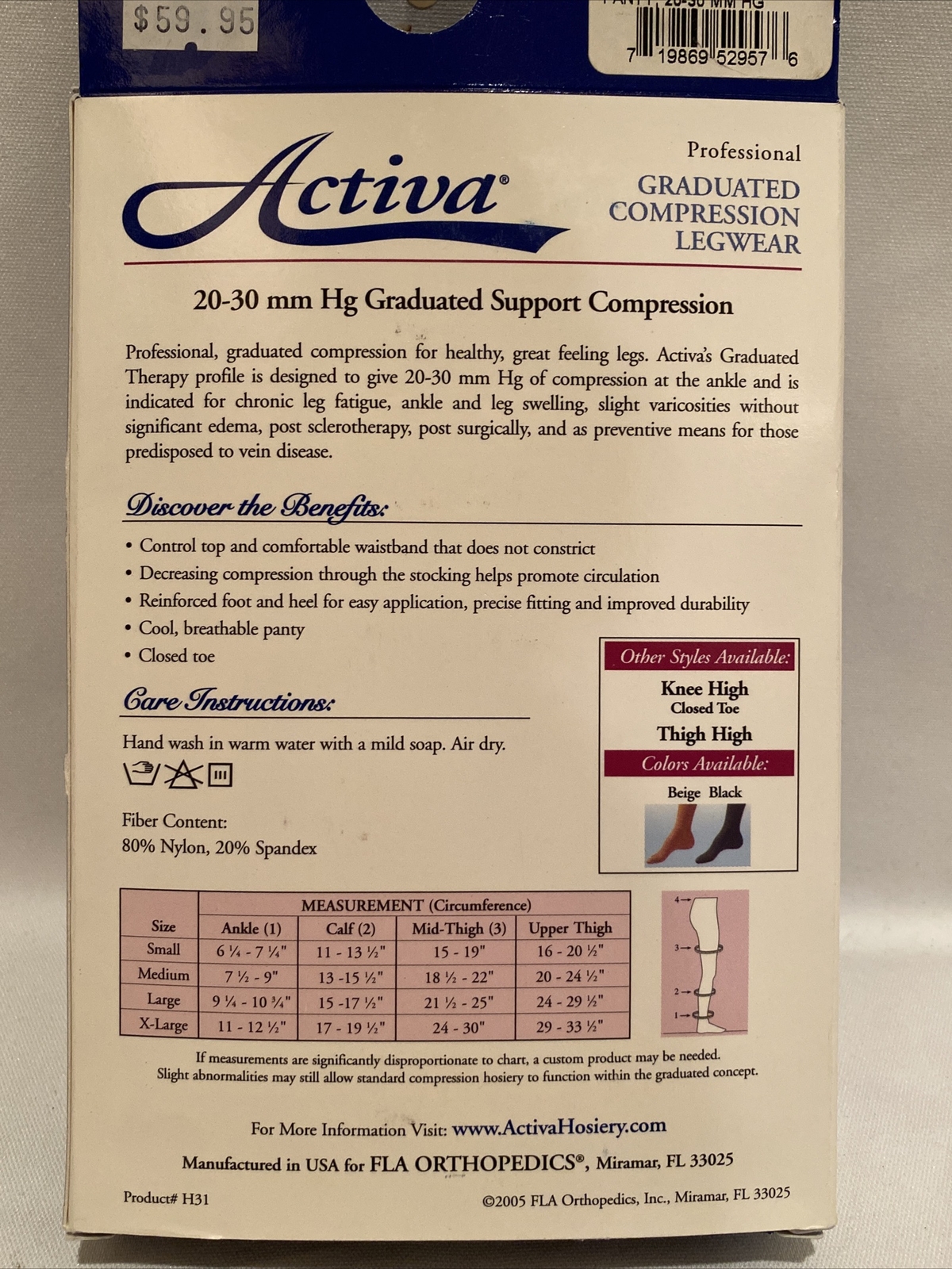 ACTIVA PANTYHOSE Women 20-30mmHG Graduated Compression Control Top Large Black