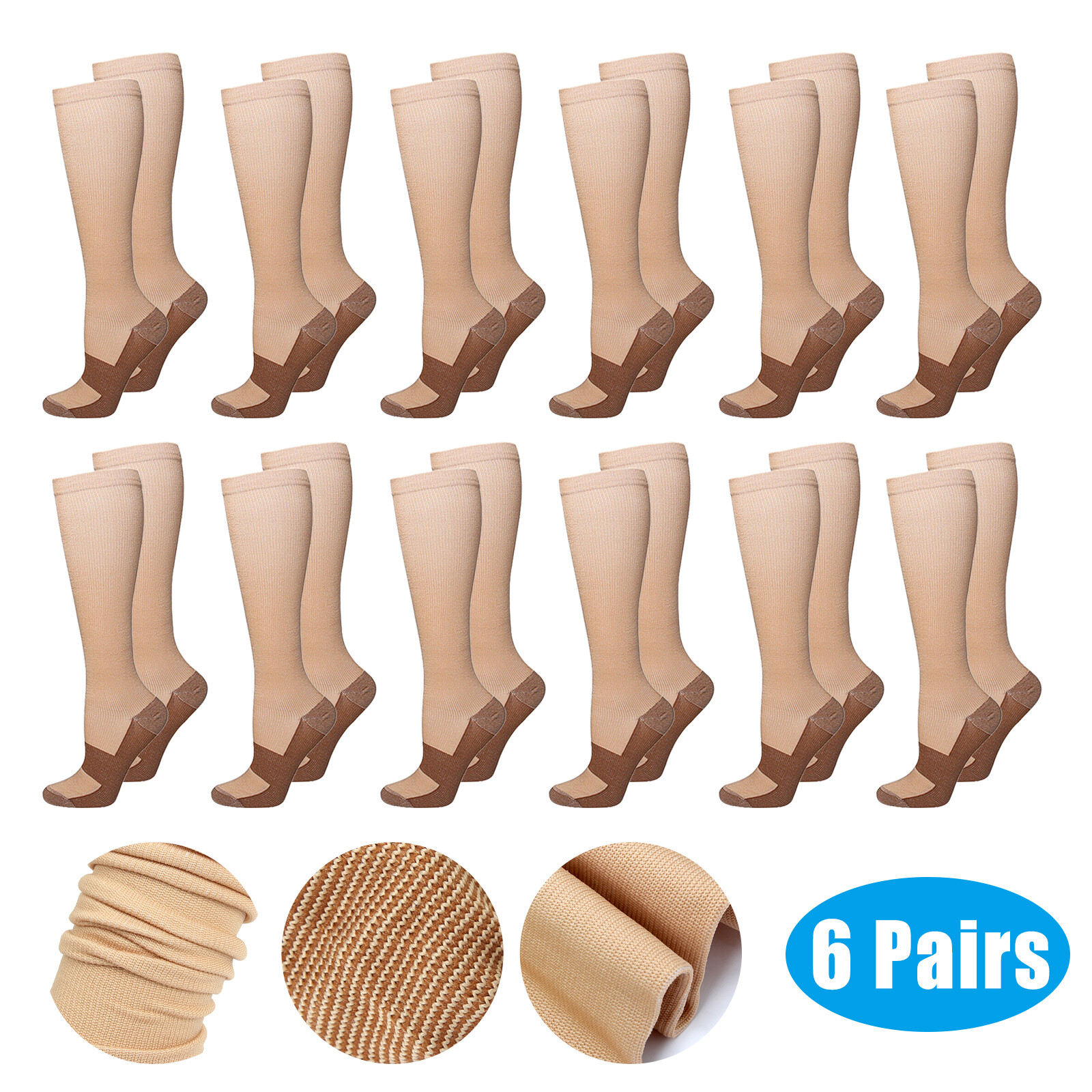 6 Pairs Copper Compression Socks 20-30mmHg Graduated Support Mens Womens S/M-XXL