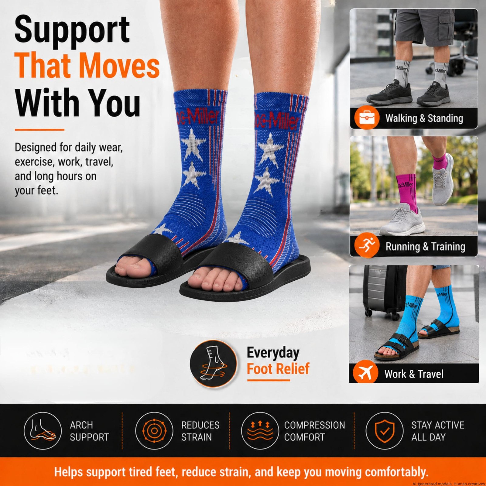 Doc Miller Plantar Fasciitis Compression Socks, 20-30mmHg, 1 2X-Large, Orange