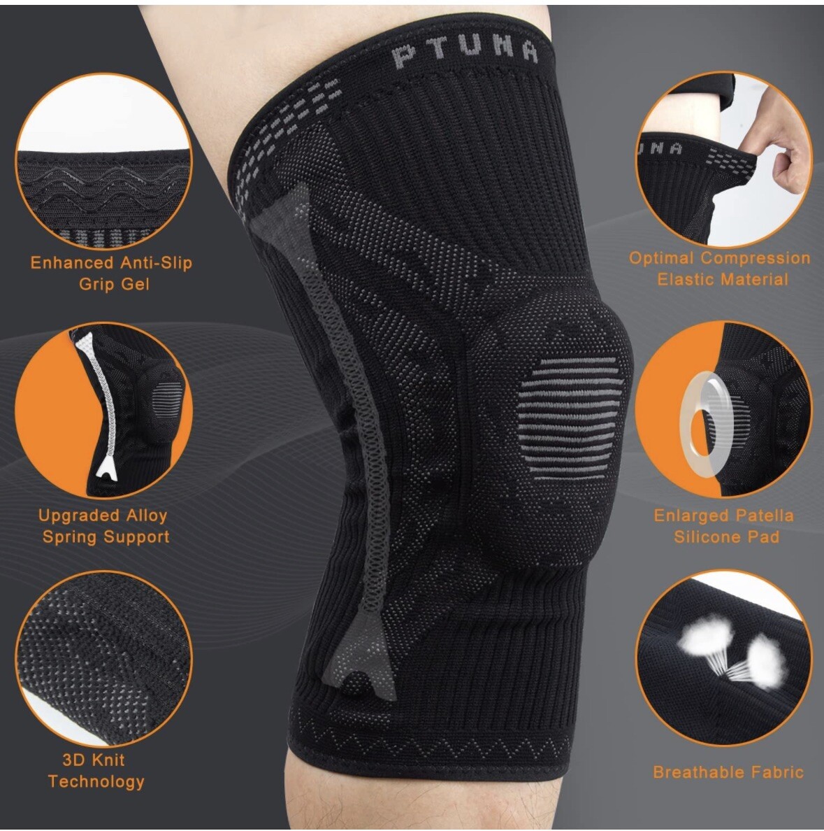 Knee Braces for Knee Pain, PTUNA Compression Knee Sleeve with Patella Gel Pad L