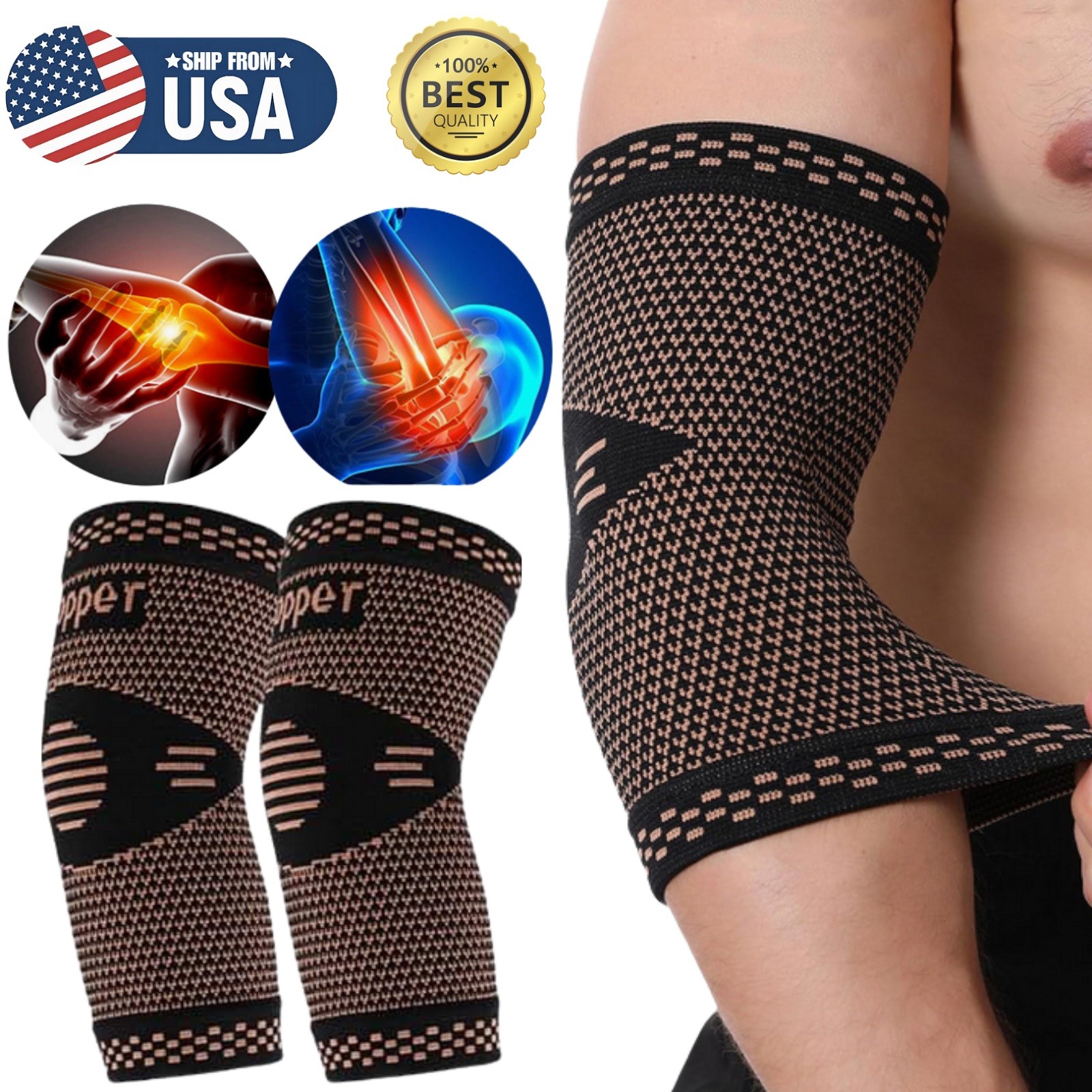 Copper Elbow Brace Compression Support Sleeve Arthritis Tendonitis Joint Pain US