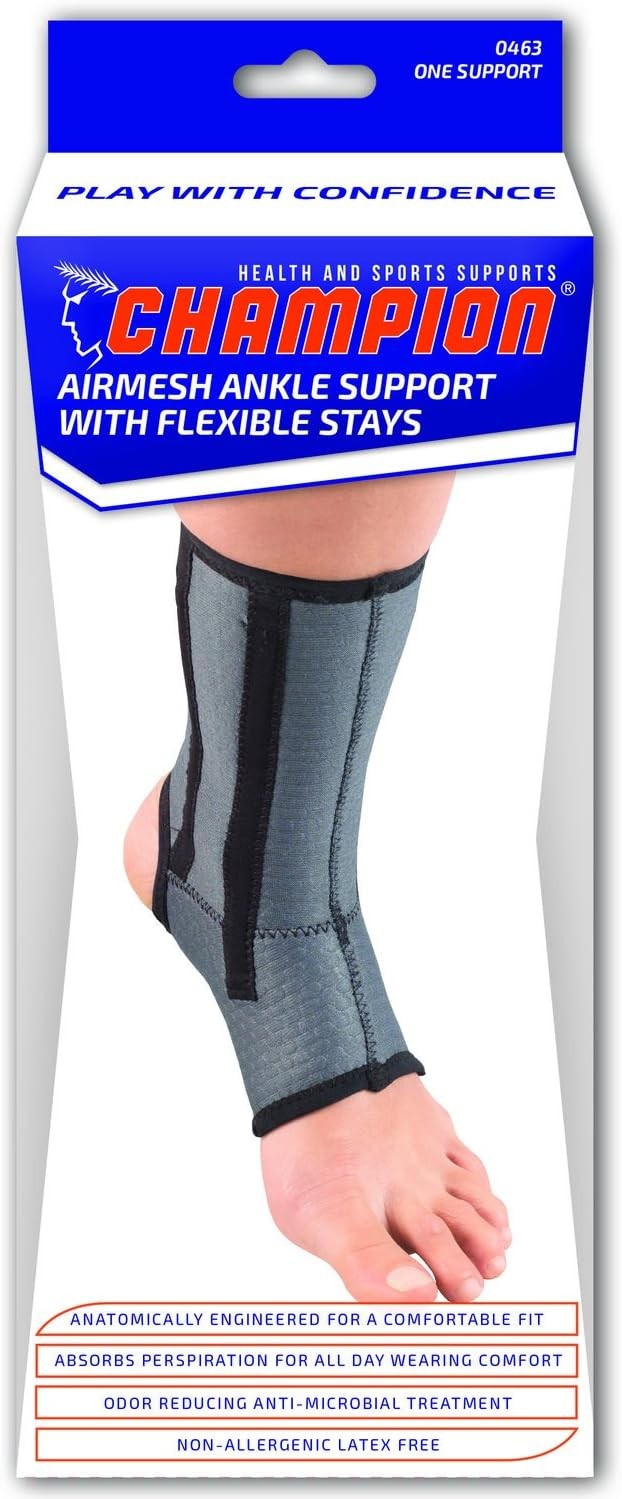 Champion Ankle Brace, Open Heel, Flexible Support Stays, Airmesh Fabric, Grey, M