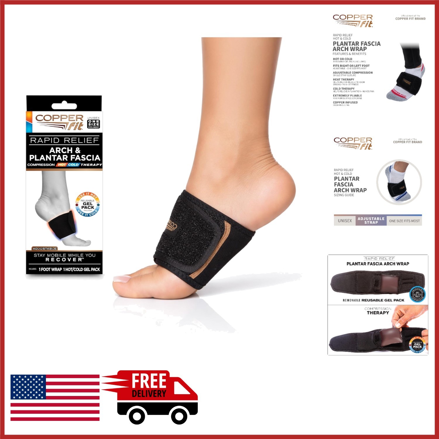 Adjustable Plantar Fascia Foot Wrap with Hot Cold Therapy Gel Pack Black