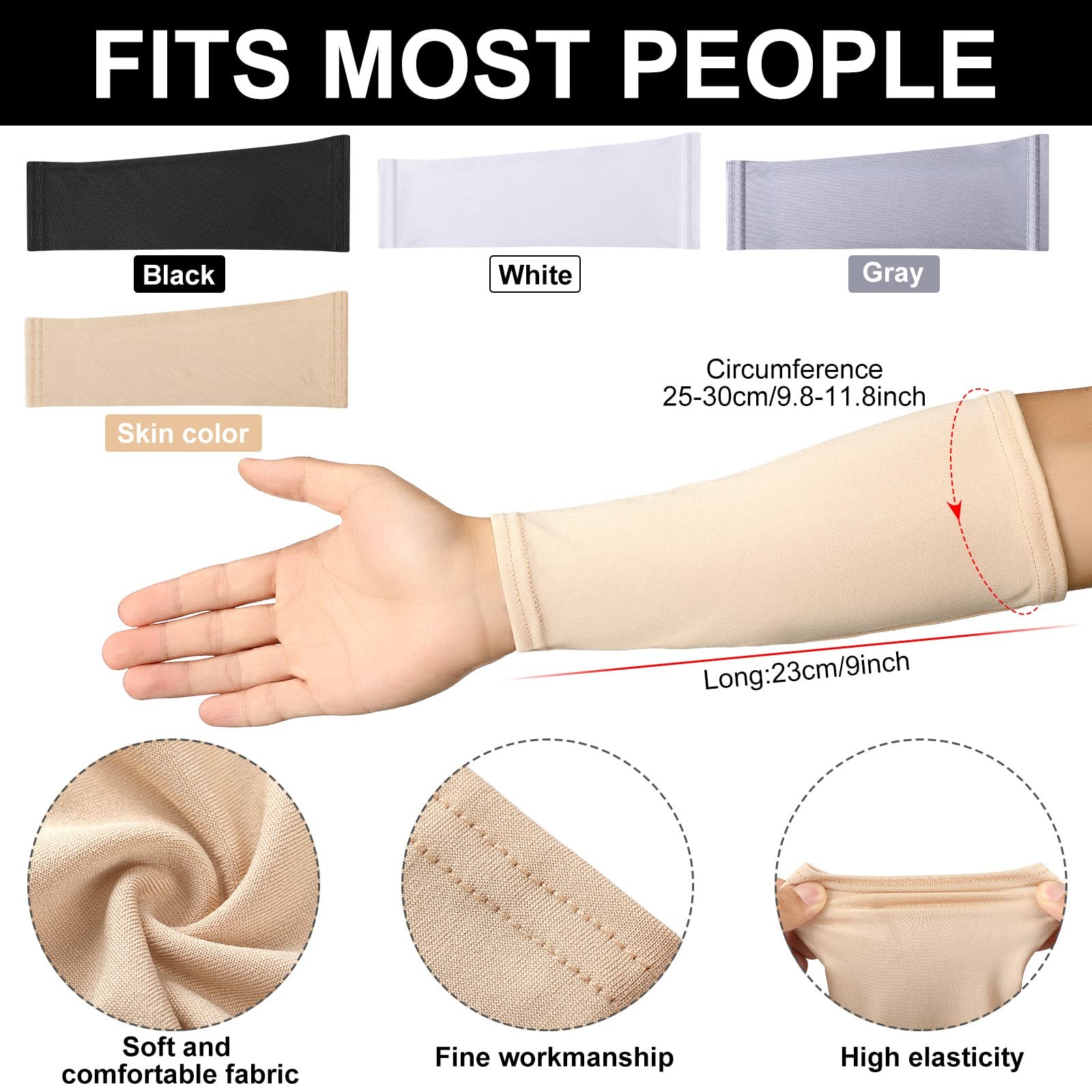 Eurzom 4 Pairs Arm Protection Sleeve 9 Inch Long, Black, White, Gray, Beige