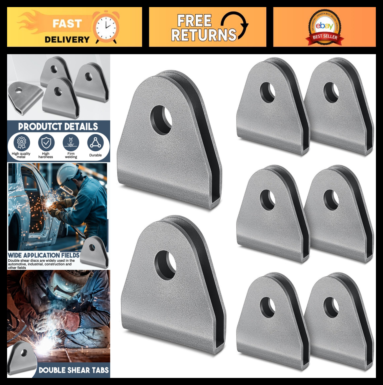 8 Pack Double Shear Tabs for Seat Belts – Weld-On Limit Straps, 1/2″ Hole, Offro