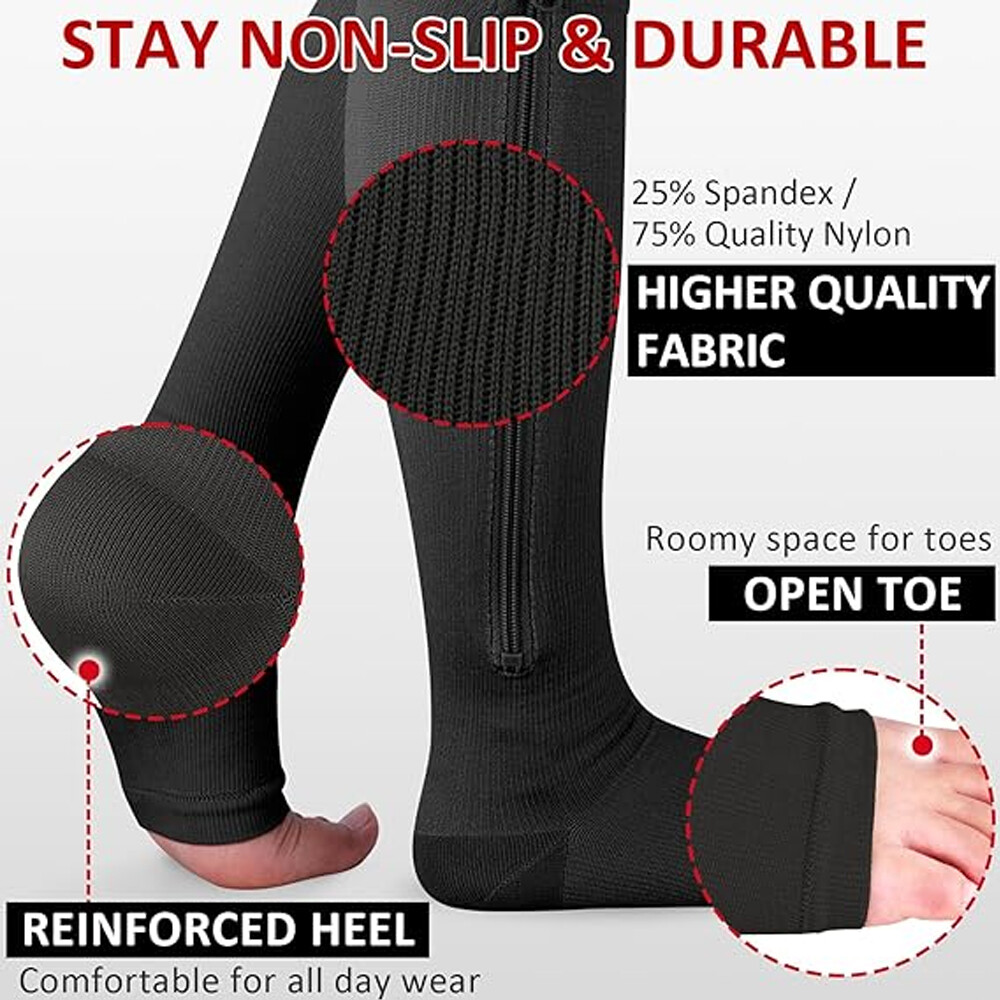 1-3 Pairs 20-30 mmHg Zipper Compression Grade 2 Color Open Toe Socks Inside Leg