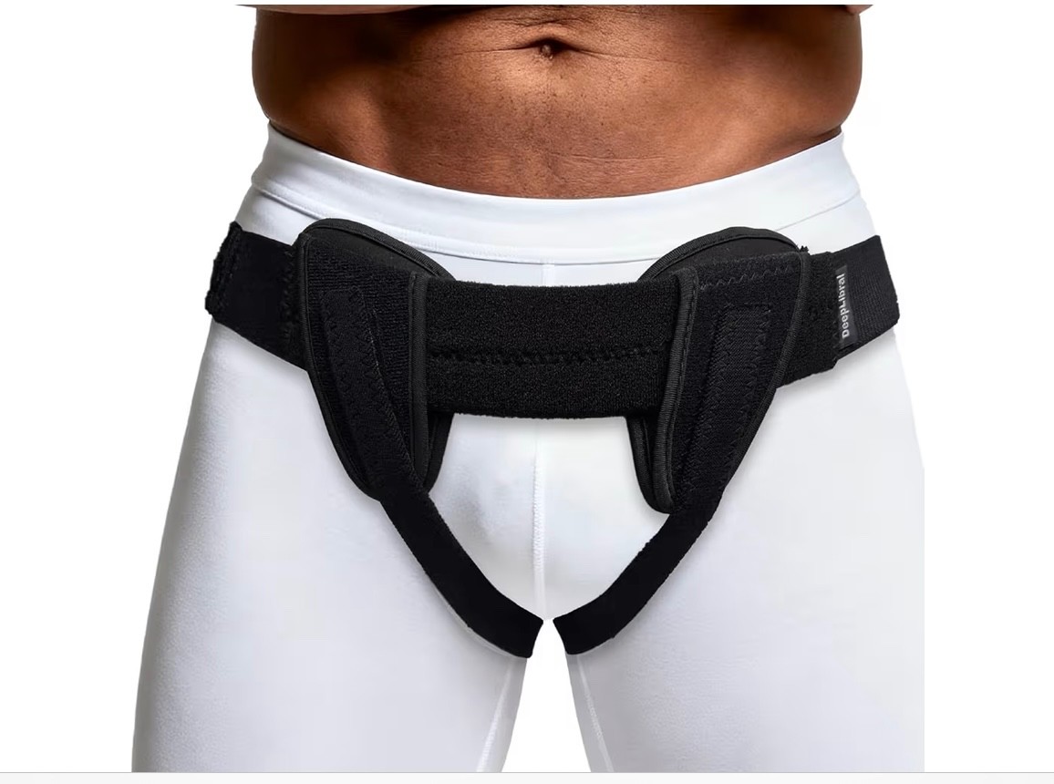Inguinal Hernia Support Belt Two Removable Pads Trimmable Straps, L, Hips 43″-54