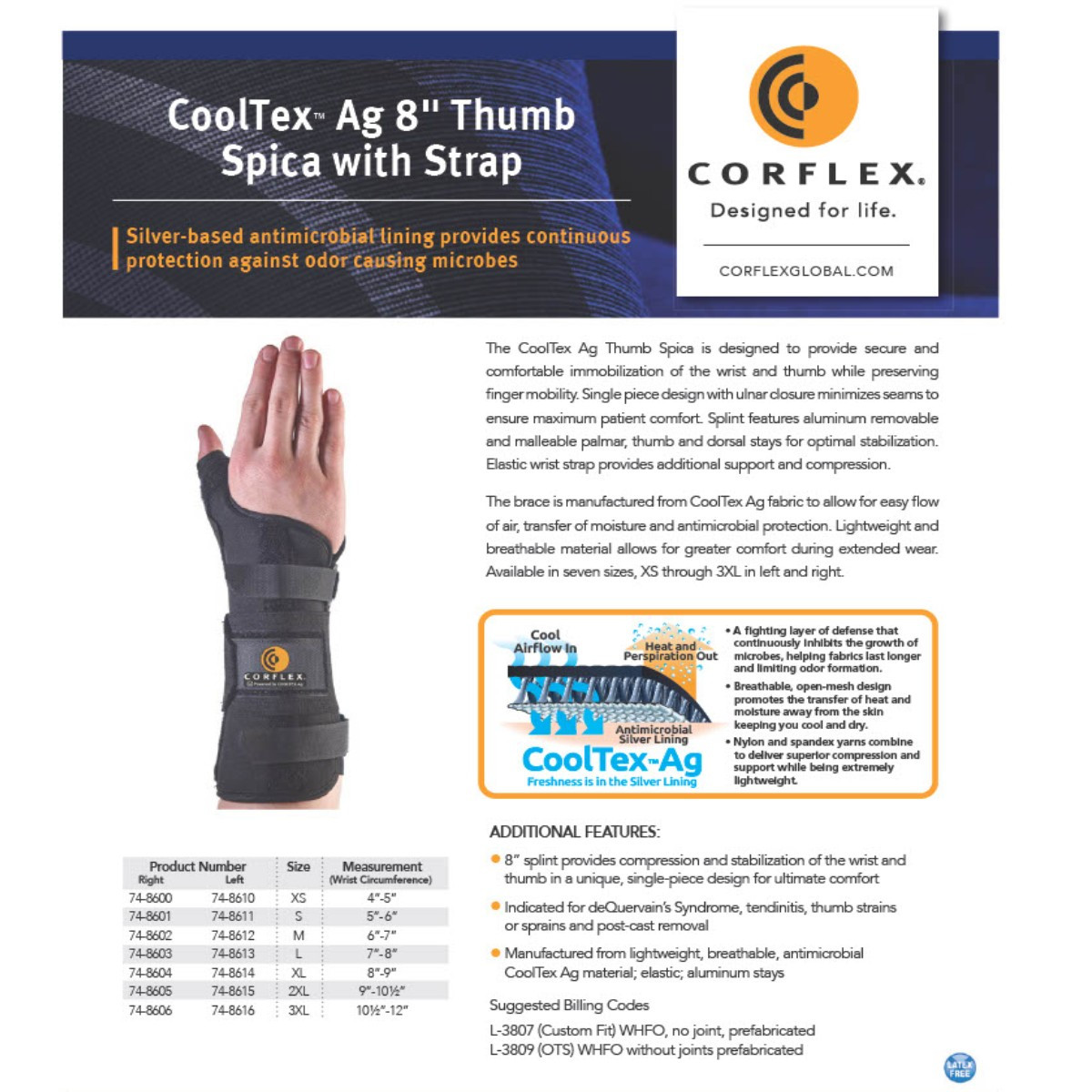 Corflex 8″ Cooltex Thumb Spica W/Strap Various Sizes