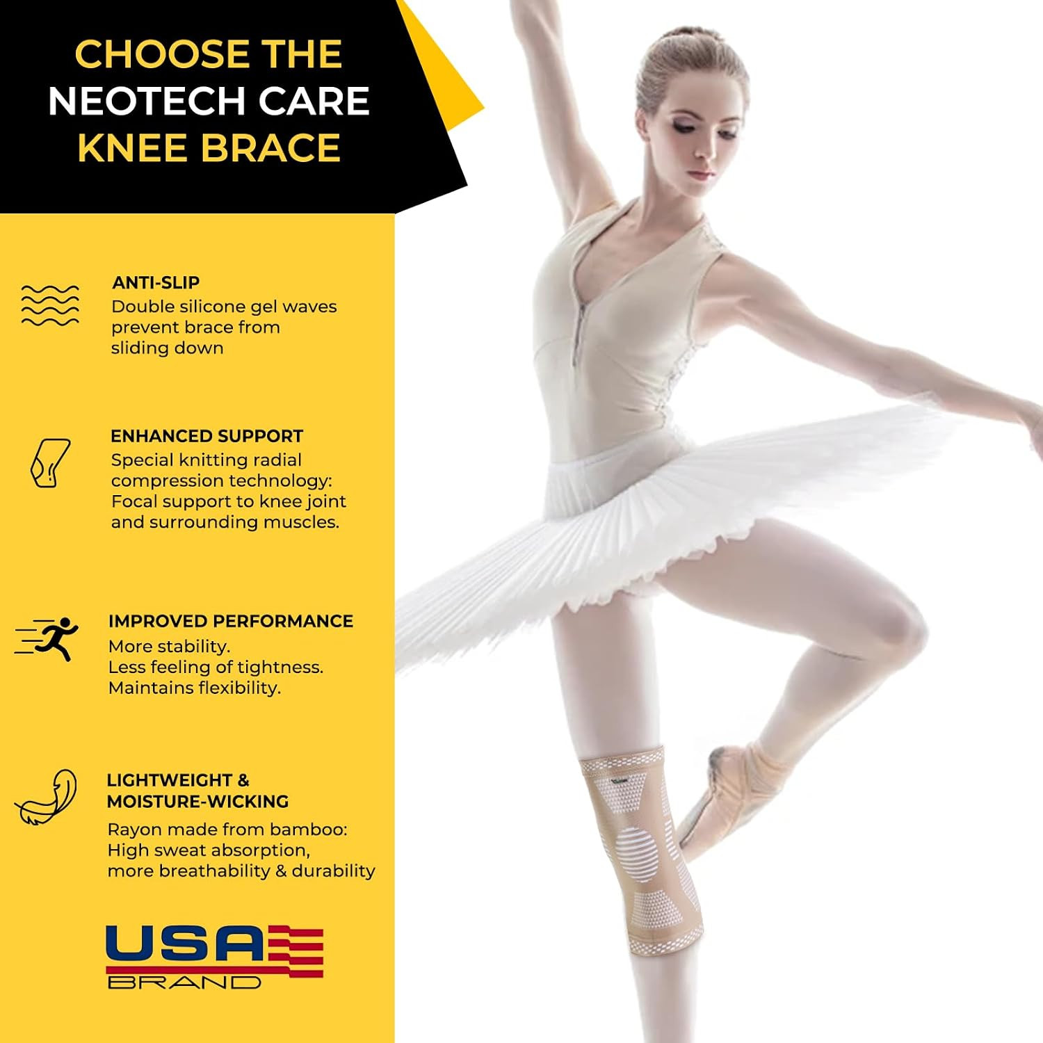 Knee Support Brace – Breathable – Men, Women, Right or Left (Beige Color, Size M