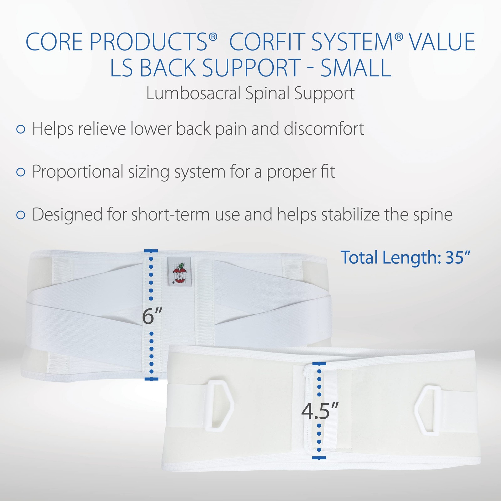 CorFit Value Back Brace for Lower Pain Relief & Lumbar Small, White