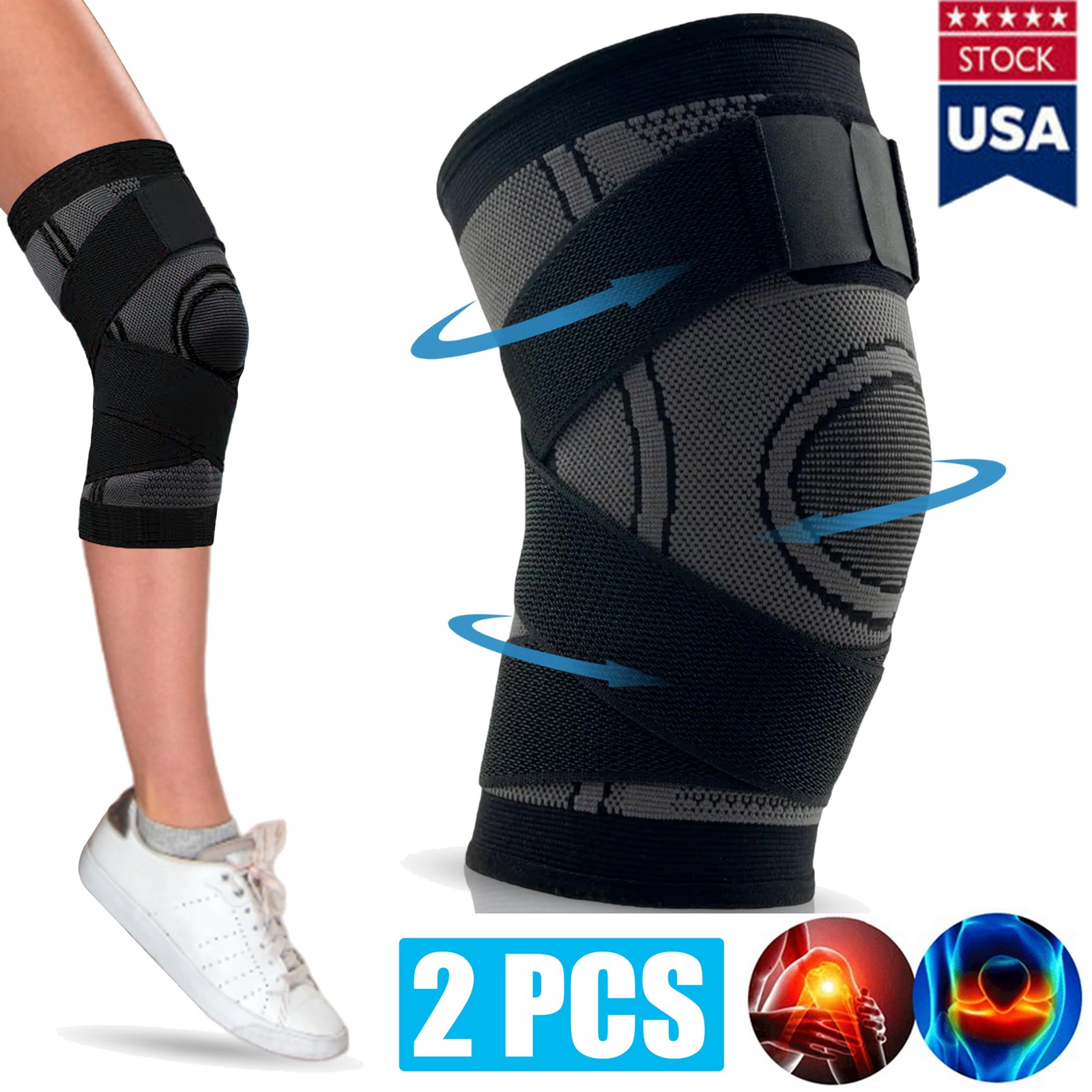 2x Copper Knee Braces with Strap for Knee Pain Women & Men Sleeve for Arthritis