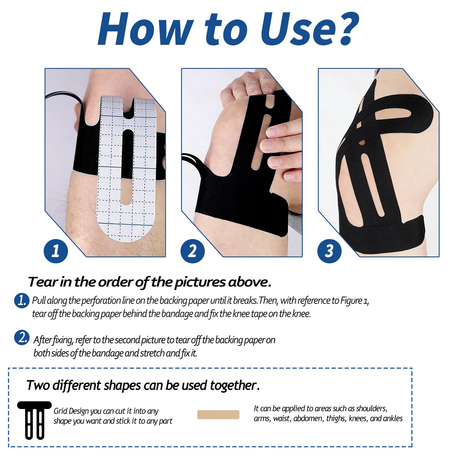 Kinesiology Tape Precut Strips for Knee and Shoulder Pain Relief (Black and B…