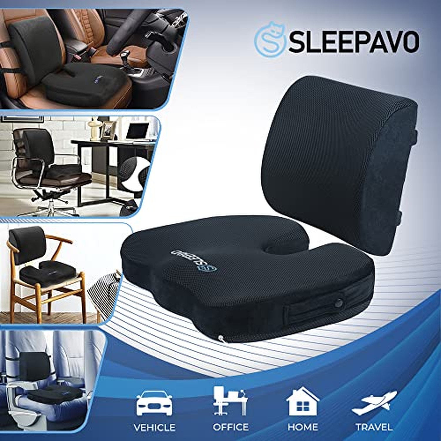 Sleepavo Memory Foam Seat Cushion for Office Chair-Orthopedic Back and Butt P…