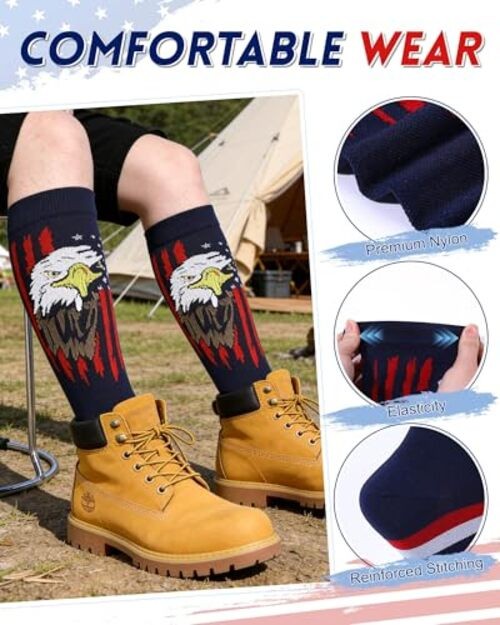 2 Pairs 4th of July Knee High Socks for Women Men, Funny Eagle American Flag