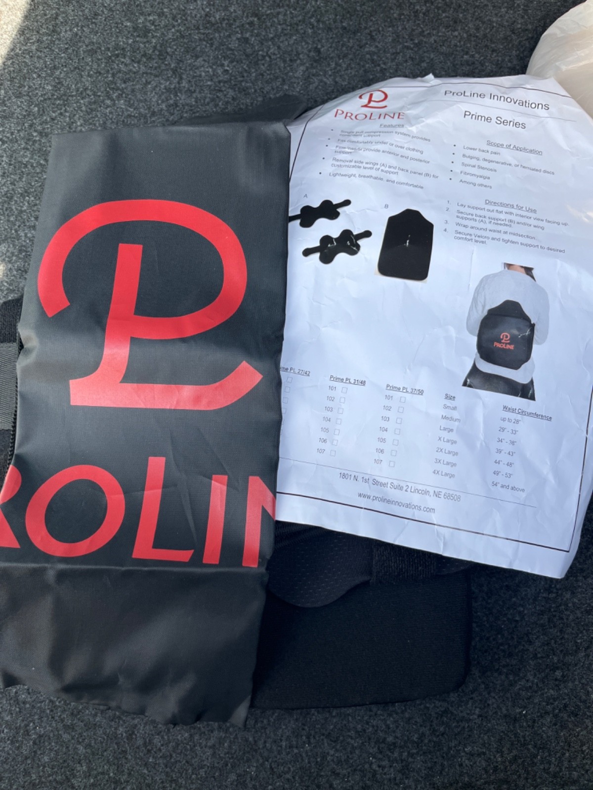 New ProLine Innovations Back Brace Support With Bag Universal Resizable