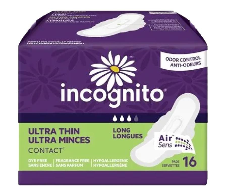 Incognito Ultra Thin Long Sanitary Pad With Wings, Super Absorbency, 16 Count