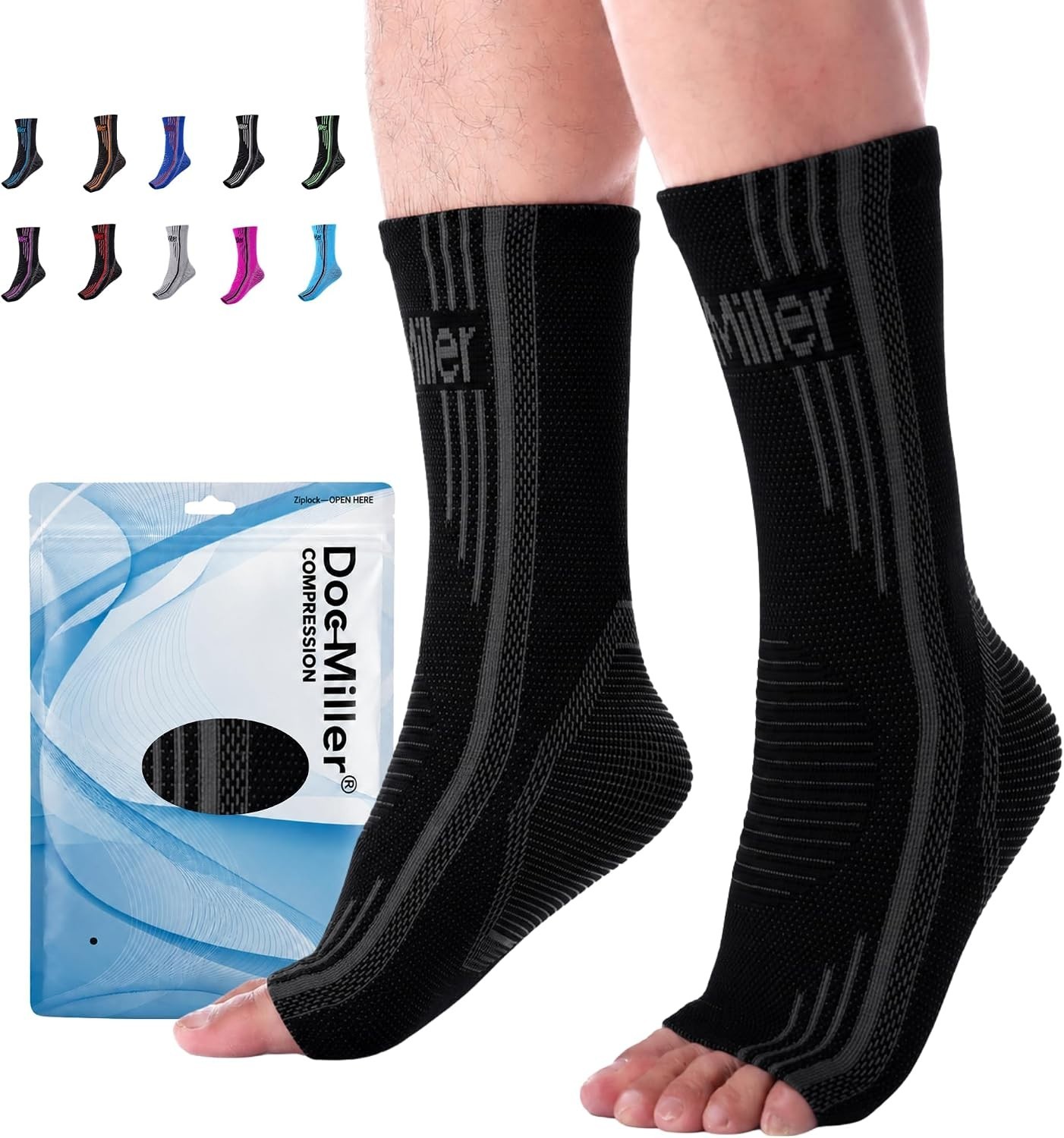 Doc Miller Plantar Fasciitis Compression Socks, 20-30mmHg Black