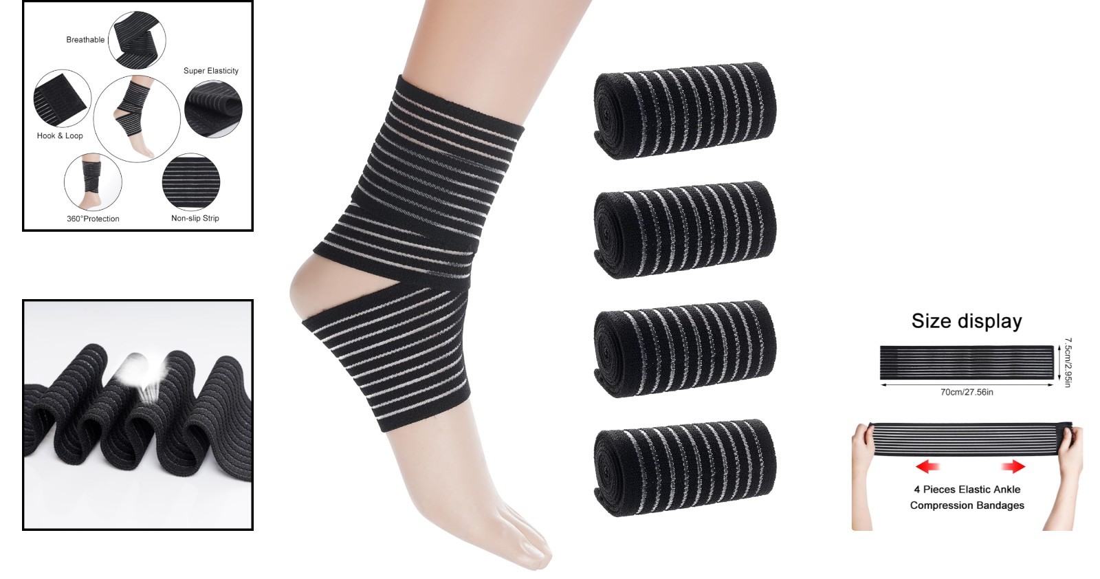 4 Adjustable Black Ankle Compression Bandages for Pain Relief & Sports Support