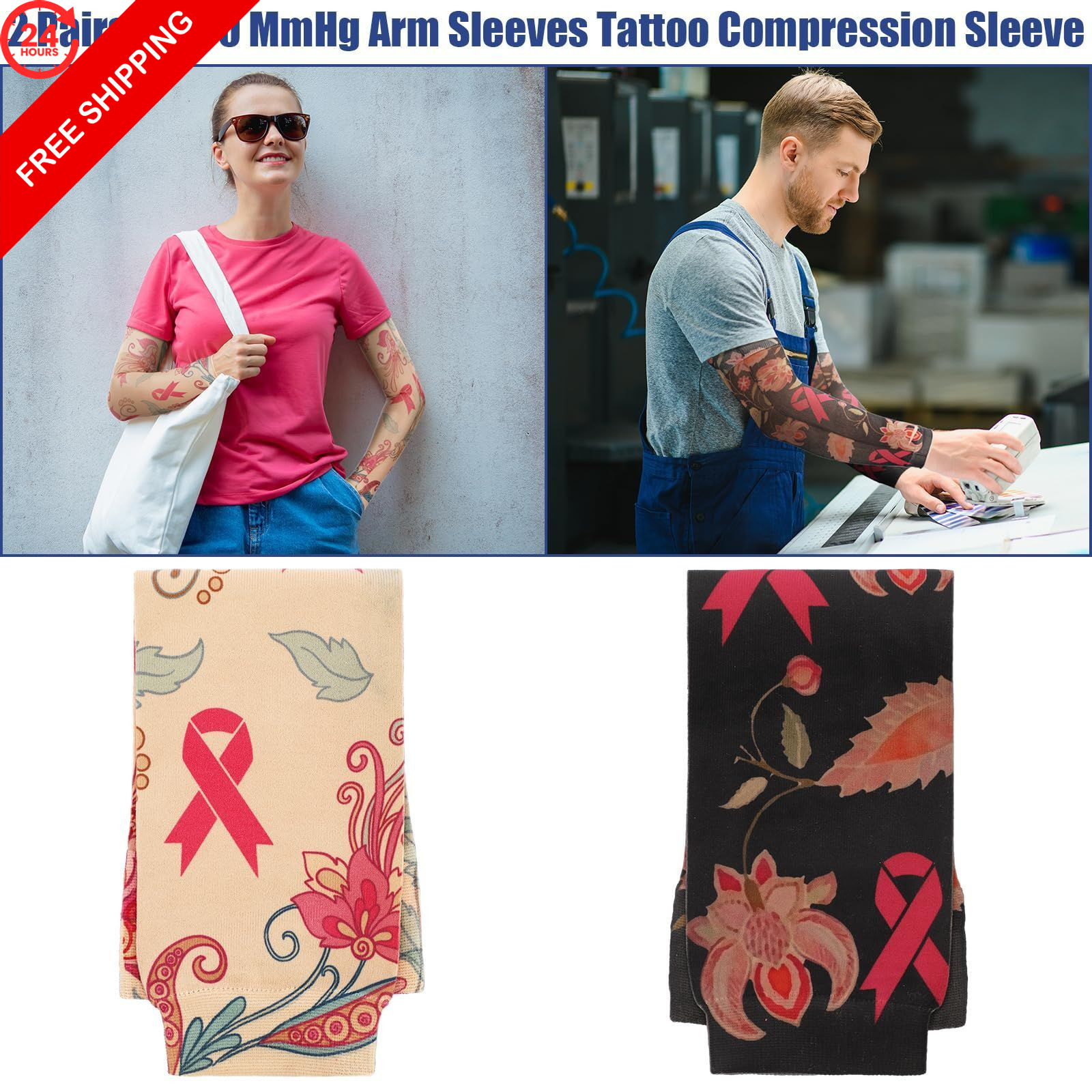 Toulite 2 Pairs Lymphedema Compression Arm Sleeves One Size, As Picture Shown