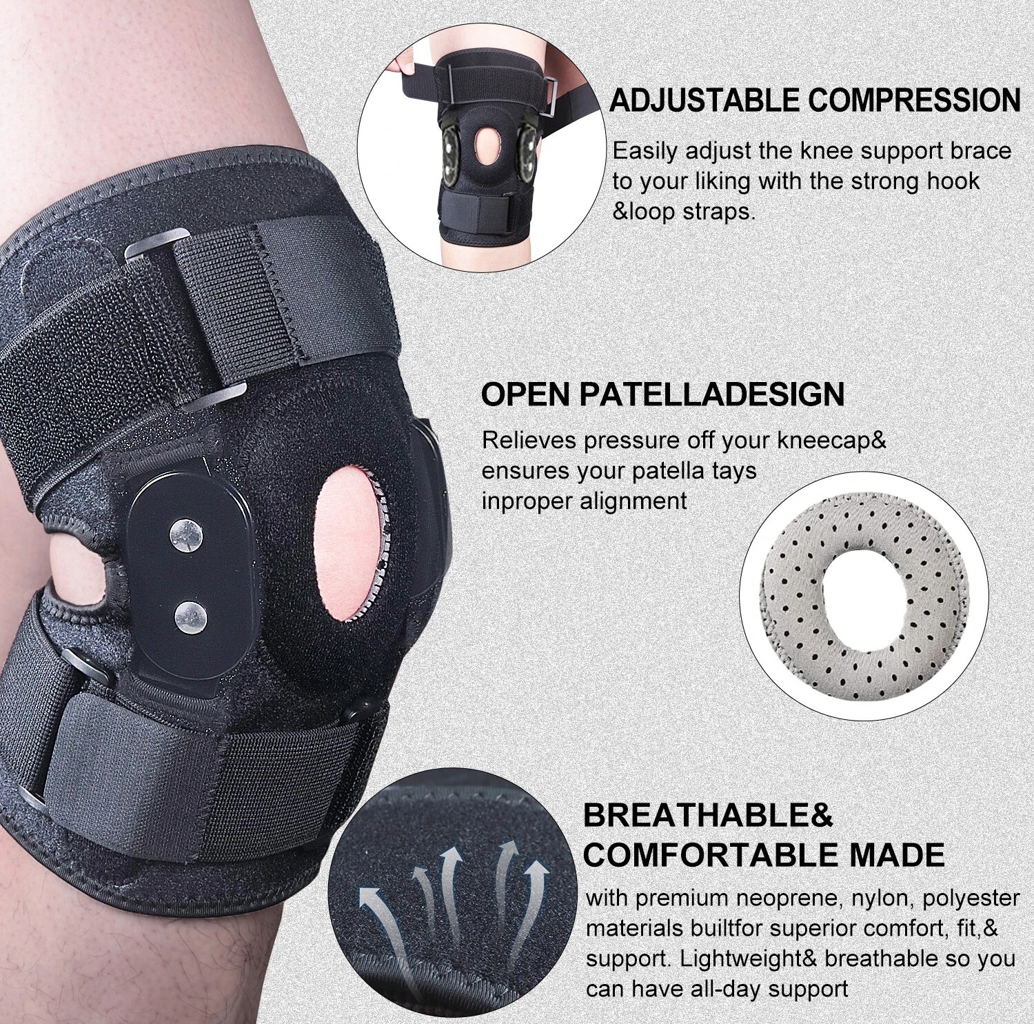 Adjustable Hinged Knee Brace Knee Support Wrap for Pain Relief Strains, Sprains