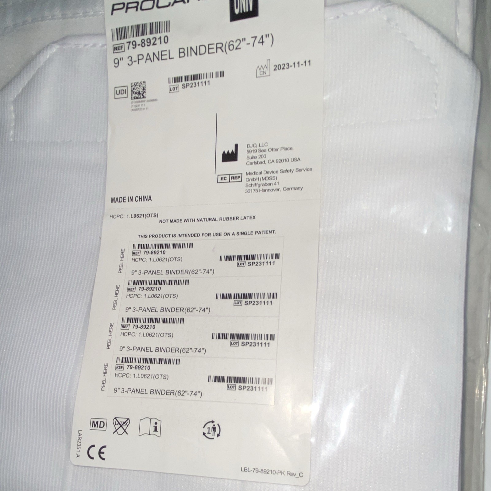 ProCare 9″ 3-Panel Elastic Abdominal Binder, Universal 62-74″ White 79-89210