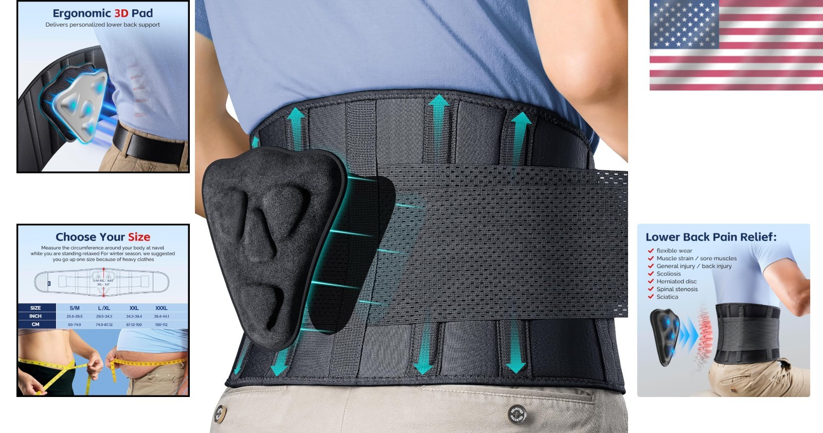 Comfort-Fit Adjustable Back Brace with Wide Compression for Lumbar Relief, L/XL