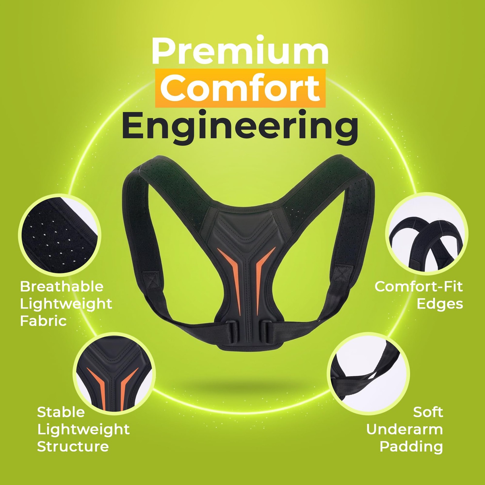 FELUVI Posture Corrector for Women & Men, Adjustable Medium, Black/Orange