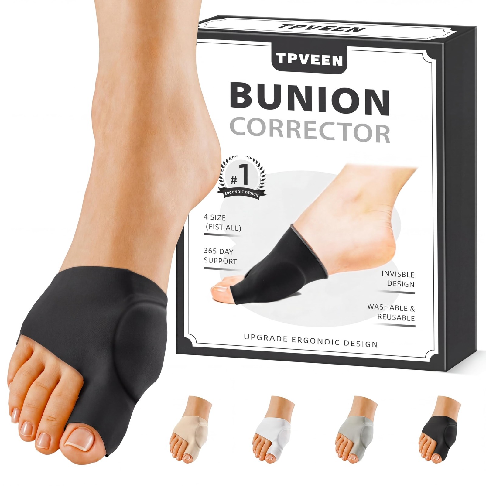 TPVEEN Bunion Corrector Relief Sleeve,Toe Socks M:WOMEN 7.5-9)/MEN 5-7, Black