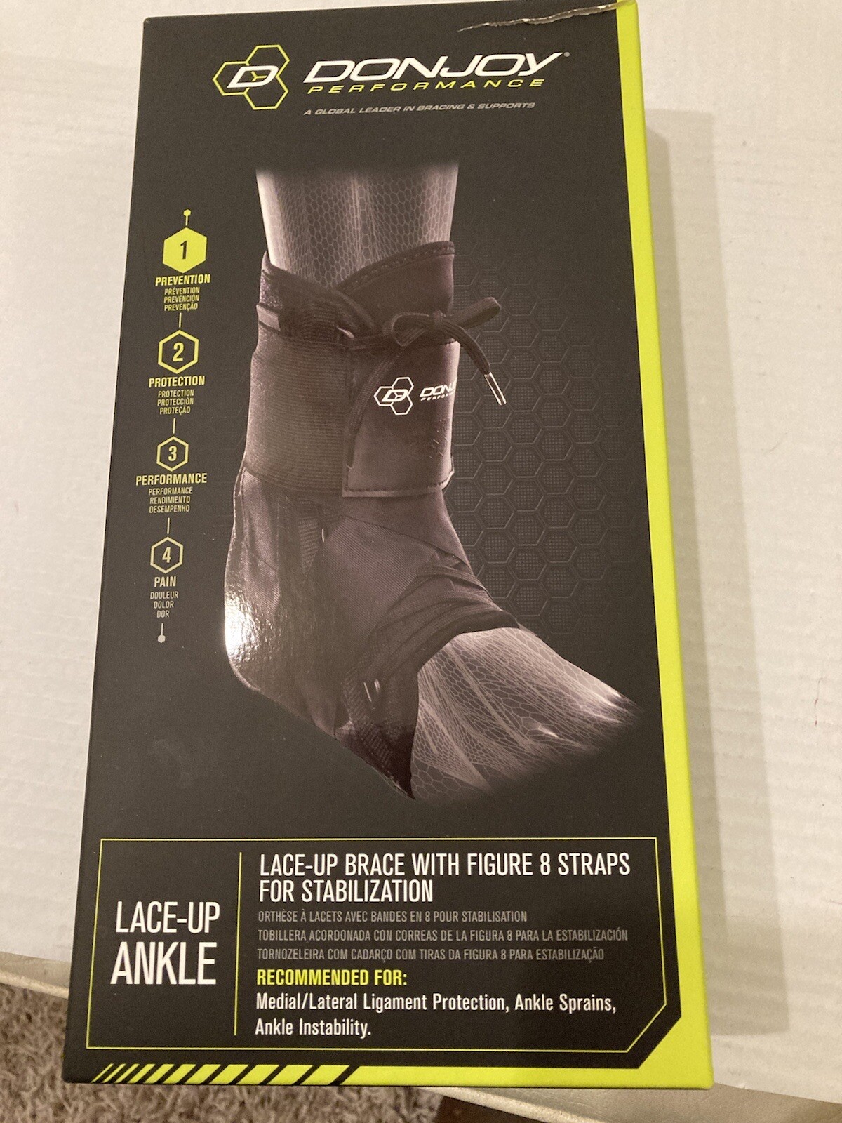 Opened Box DonJoy Performance Lace-Up Ankle Brace L/Large Black Figure 8 straps