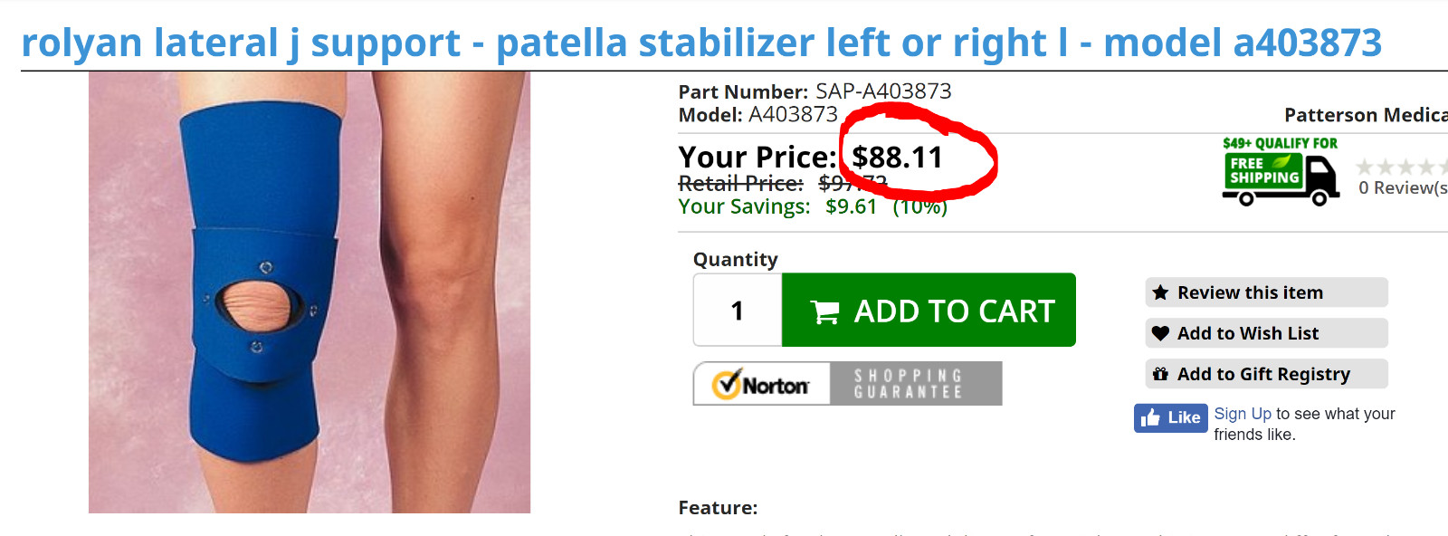 Rolyan Lateral J Support and Patella Stabilizer Left or Right LARGE [A5S3]