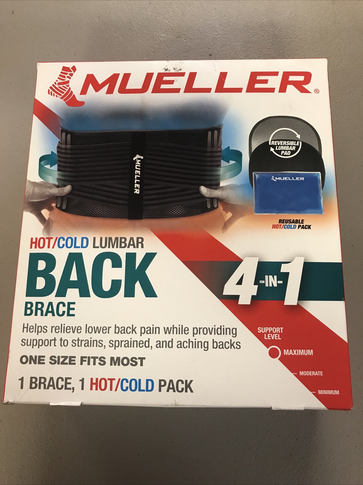 Mueller 4-in-1 Hot/Cold Lumbar Back Brace, One Size (Fits 30 – 48 in), Black