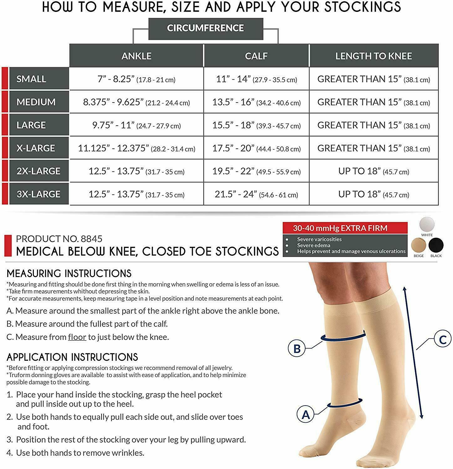 Truform 8845 Compression Sock Stockings Unisex Medical support 30-40mmHg 1 Pair