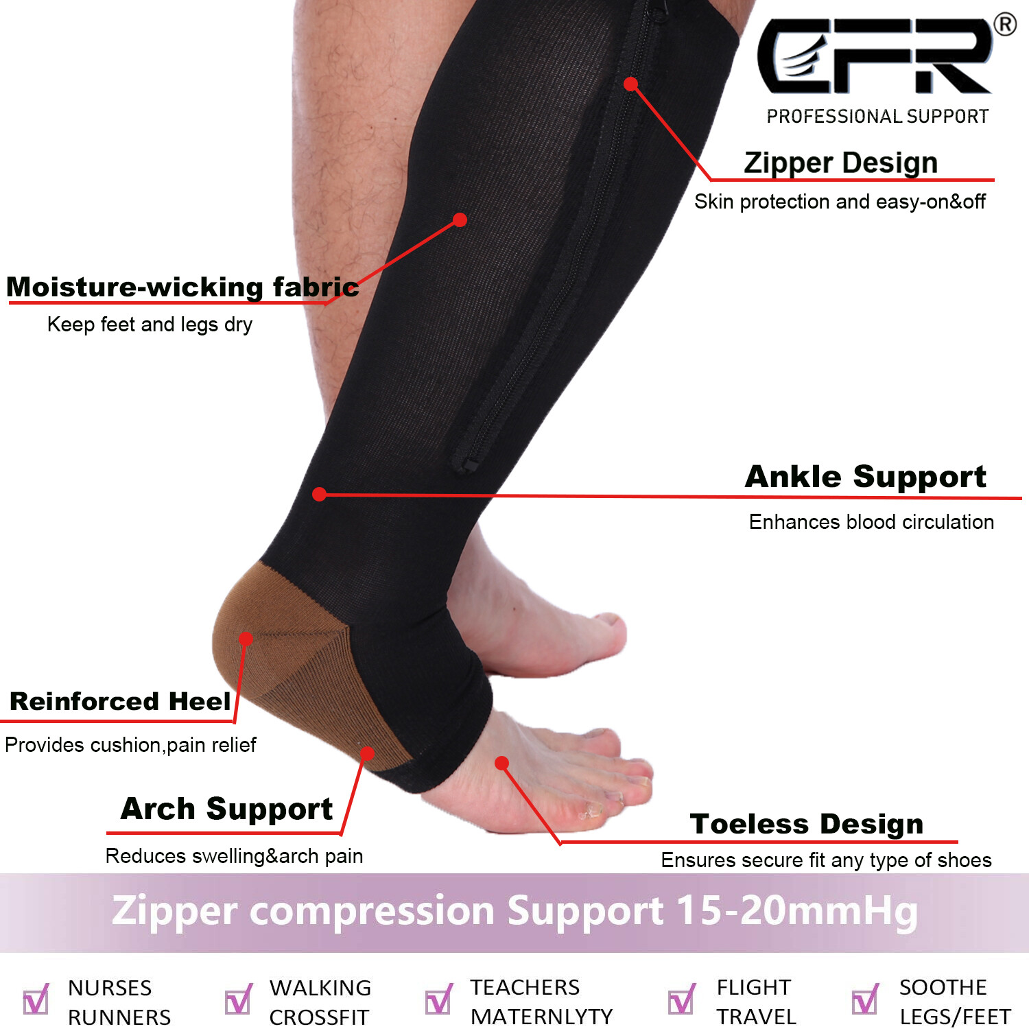 Zipper Compression Socks Copper Support Graduated Stockings Women Mens 20-30mmHg