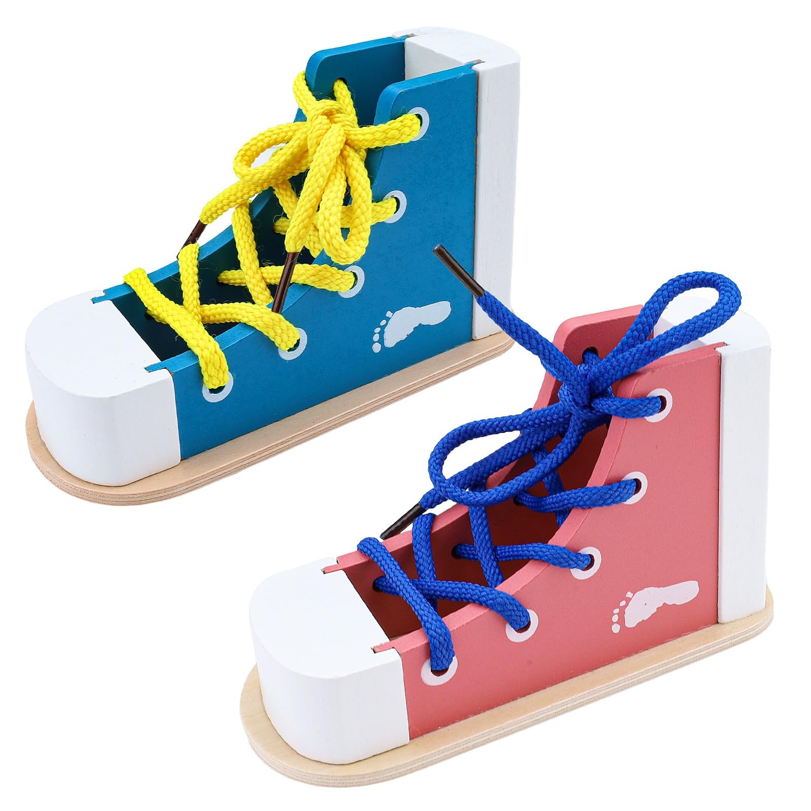 2 Pack Wooden Shoe Tying Practice Kit with Blue and Pink Laces, Instructional…
