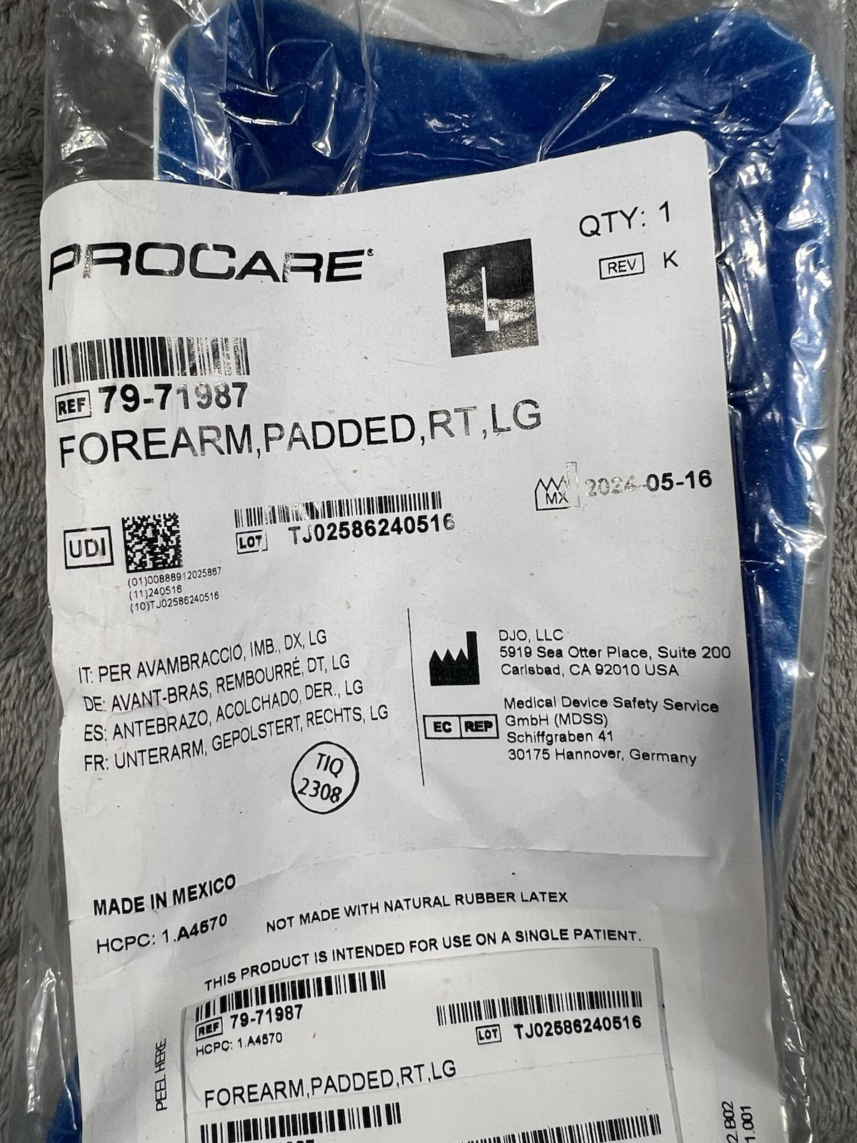 Procare Hand/Wrist/Forearm/Elbow Splint Right Hand Large New