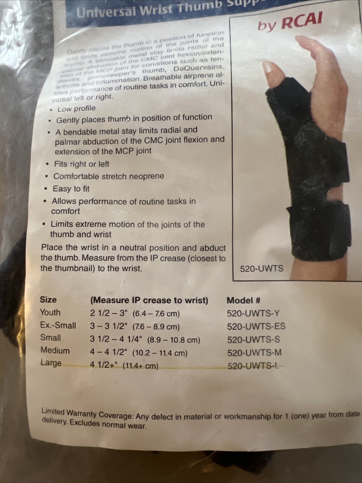 RCAI Universal Wrist Thumb Support Large Fits Left or Right hand For Treatment