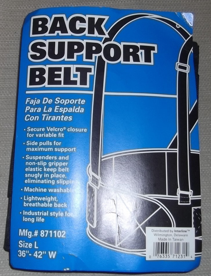 INTERLINE 871102 BACK SUPPORT BELT HEAVY LIFT BRACE SUSPENDERS LARGE L 36″-42″