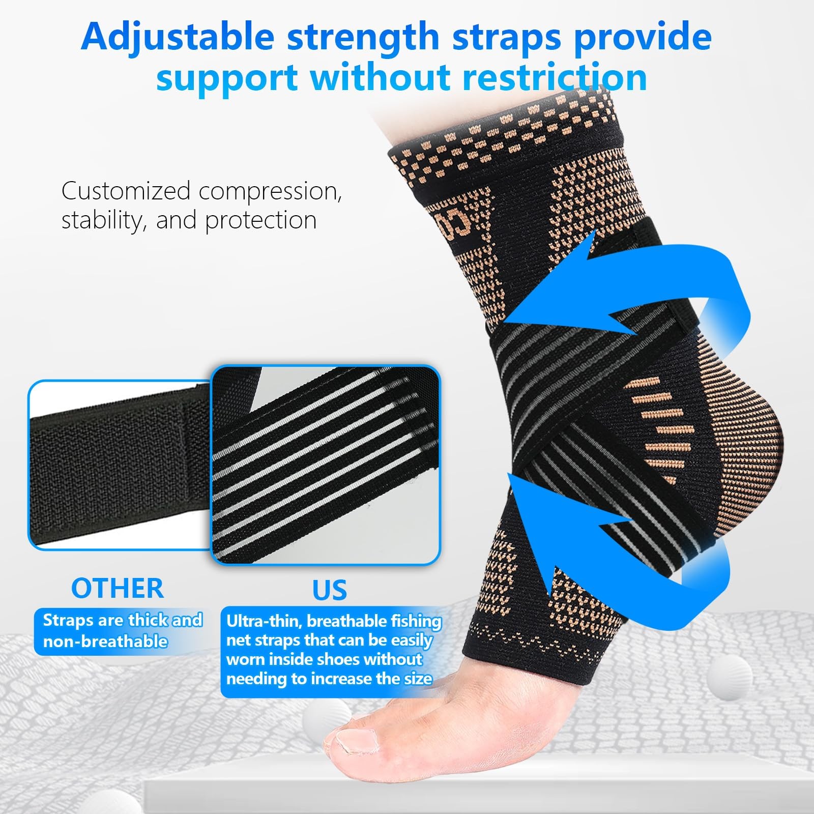 Copper Ankle Brace with Adjustable Compression Bandage, Ankle Support Compres…