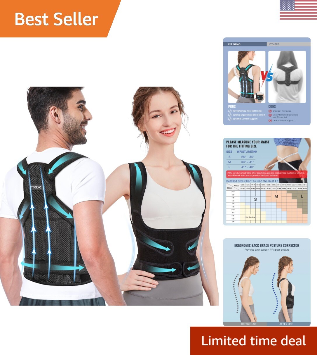 Adjustable Customizable Back Brace – Breathable Mesh – Humpback & Correction