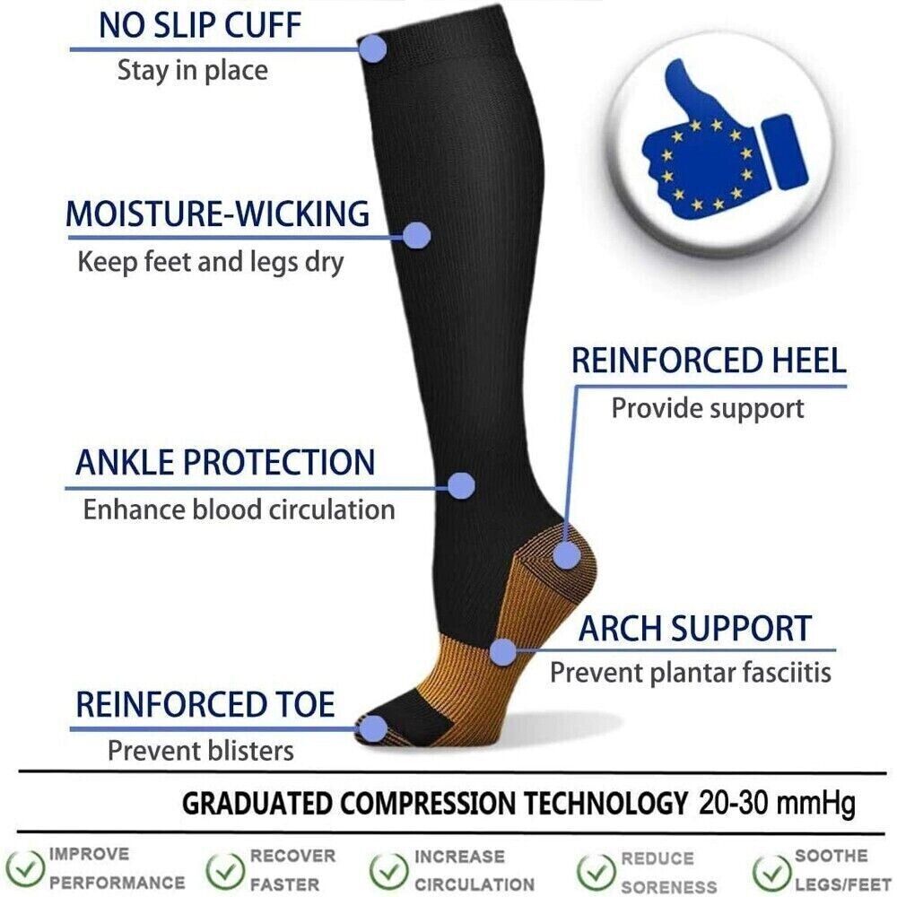 5Pcs Unisex Copper Compression Socks Ankle Support Men & Women Anti-Fatigue L/XL