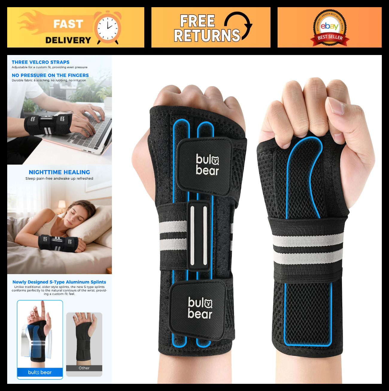 Ergonomic Carpal Tunnel Wrist Brace with 3 Splints, Breathable Support for Pain