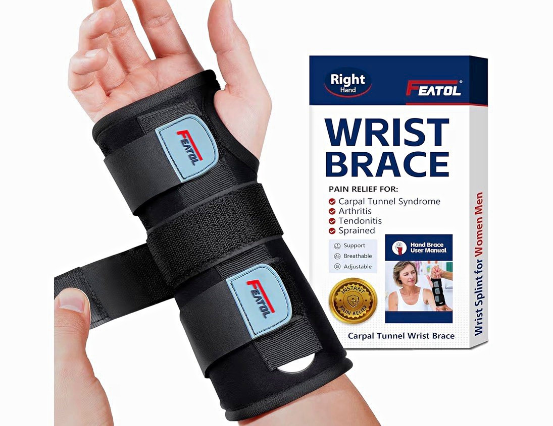 FEATOL Adjustable Breathable Wrist Brace Right Hand Black Pain Relief S/M