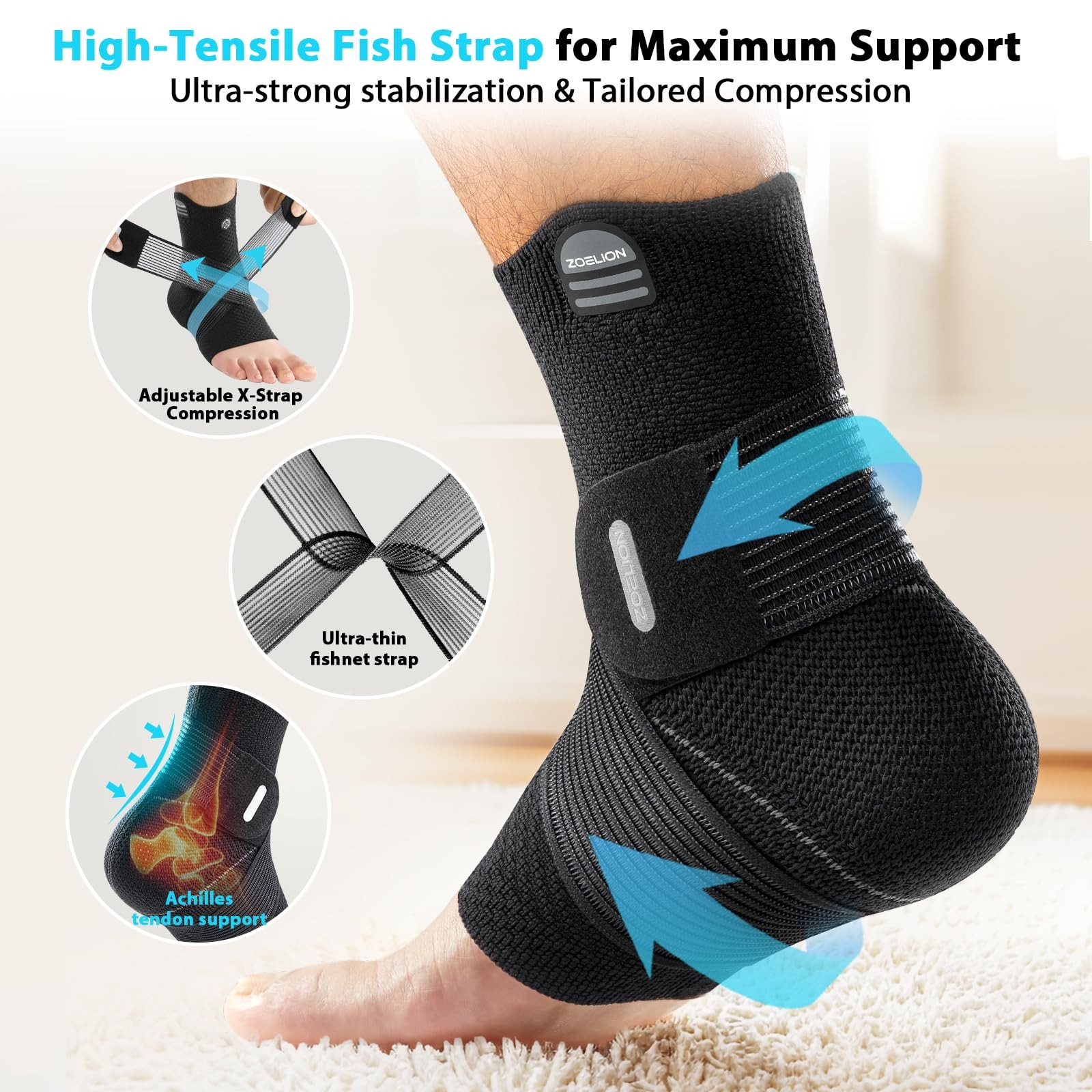 Ankle Brace Compression Support with Removable Fishnet Strap, 3D Knit Plantar…