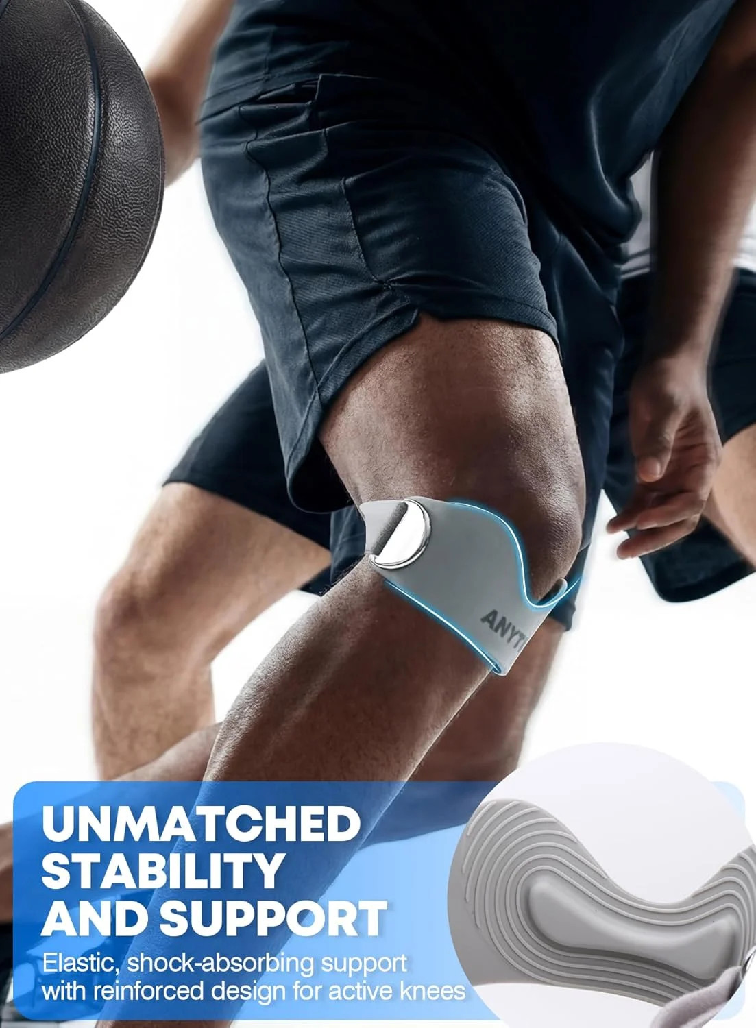 Silicone Patellar Tendon Support Strap 2 Pack, Adjustable Patella Knee Strap for