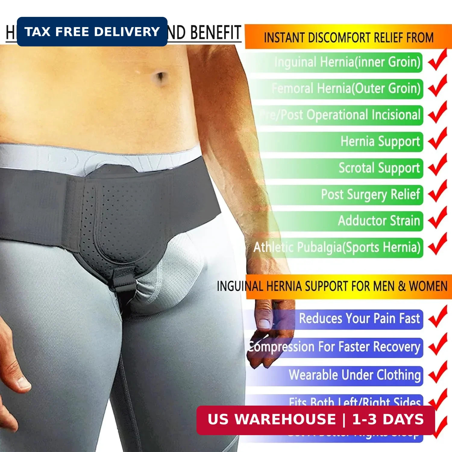 Adjustable Hernia Belt Truss for Men and Women – 30″ to 55″ Waist Support with R