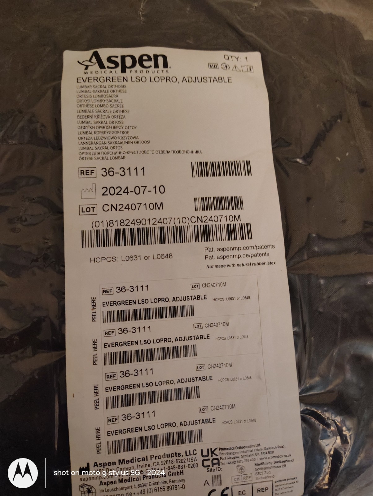 Aspen Medical Evergreen L0631 LSO LoPro Lumbar Support Back Brace Adjustable