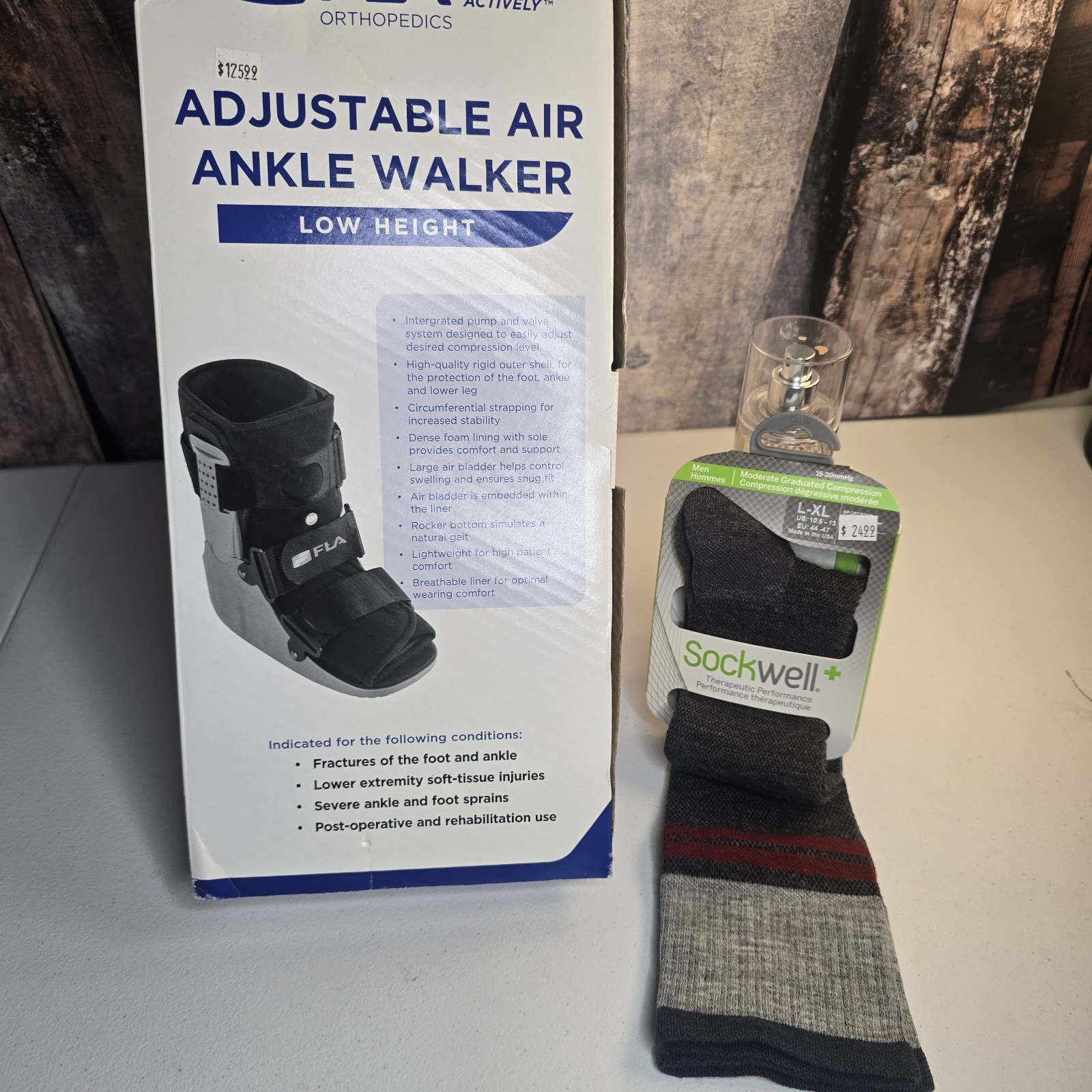FLA Adjustable Air Ankle Walker Boot Low Large M 10.5-12.5 W 11.5-13.5 & Sock