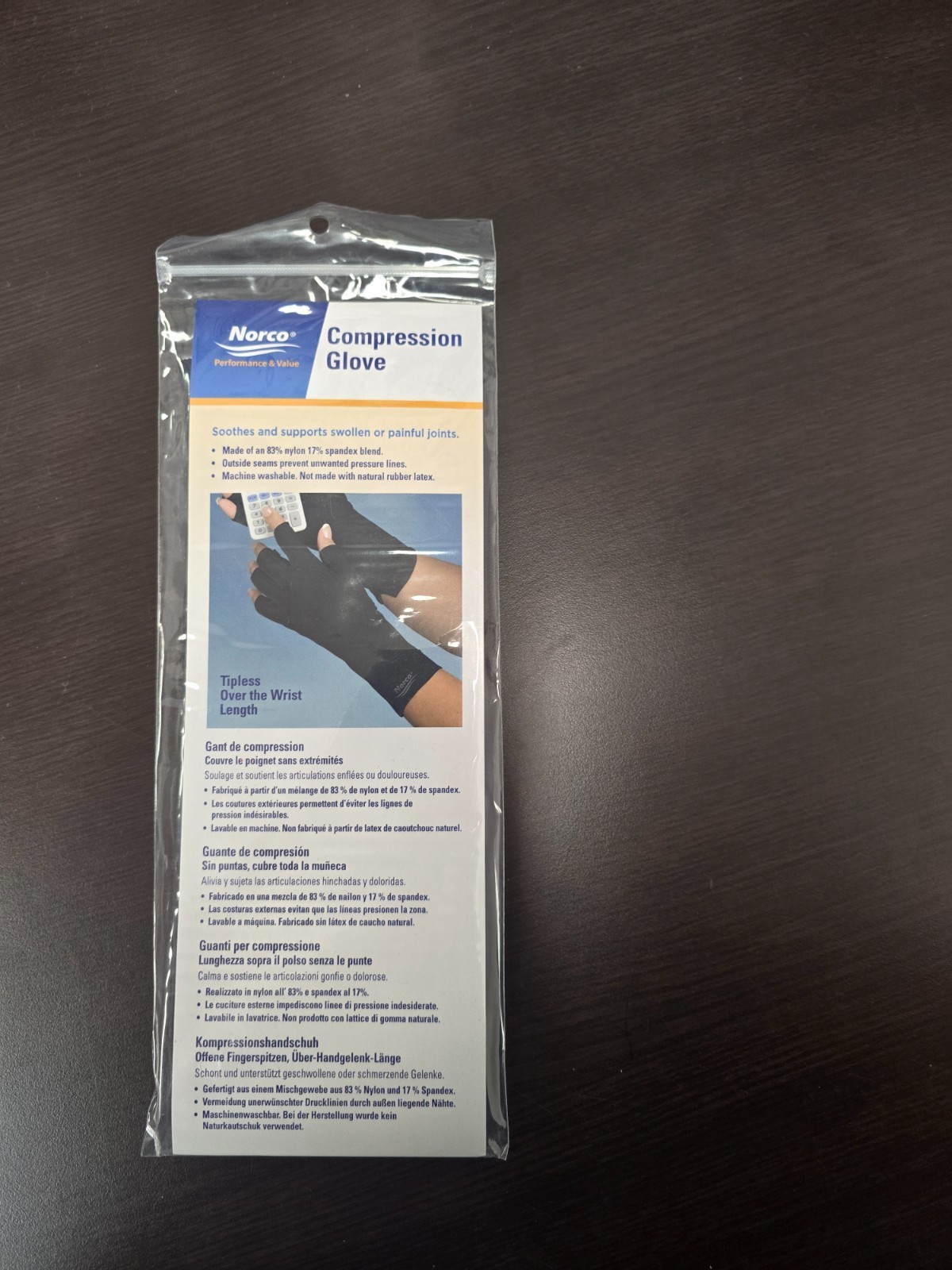 Norco Compression Glove – NEW Black LEFT Medium Tipless Finger, Over the Wrist